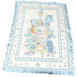 Vintage Baby Crib Quilt Blue Teddy Bears & Toys Reversible Stain Trim Nursery